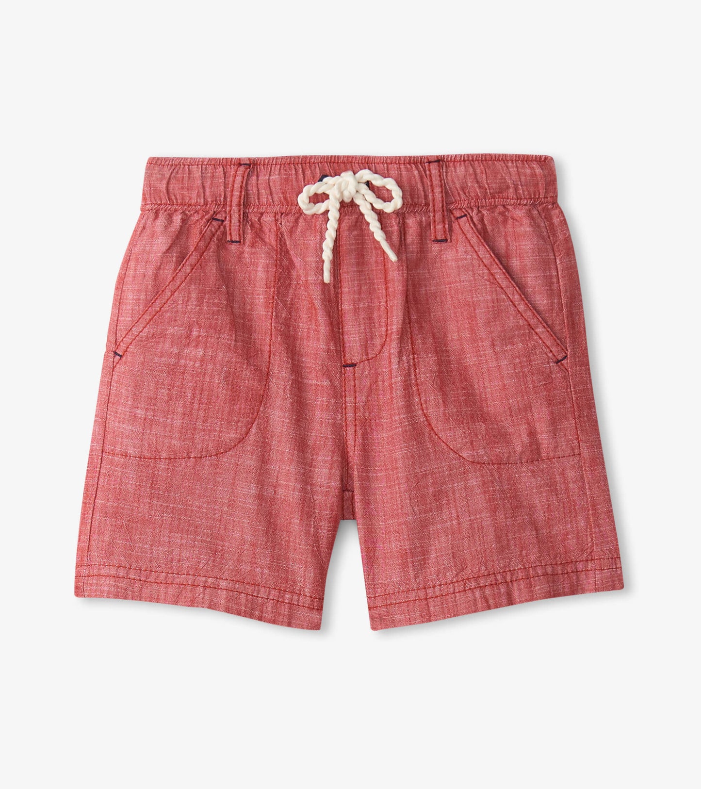 Red chambray woven shorts with a drawstring waist and two front pockets, suitable for casual summer wear.