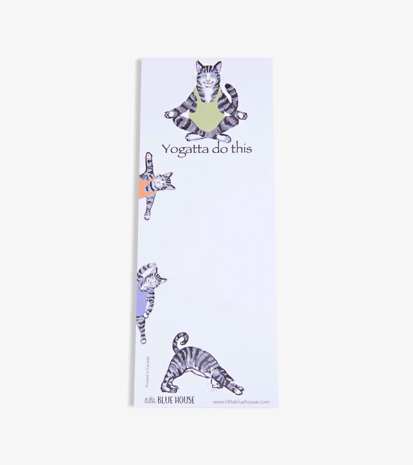 Magnetic list featuring playful illustrated cats in yoga poses on a white background.