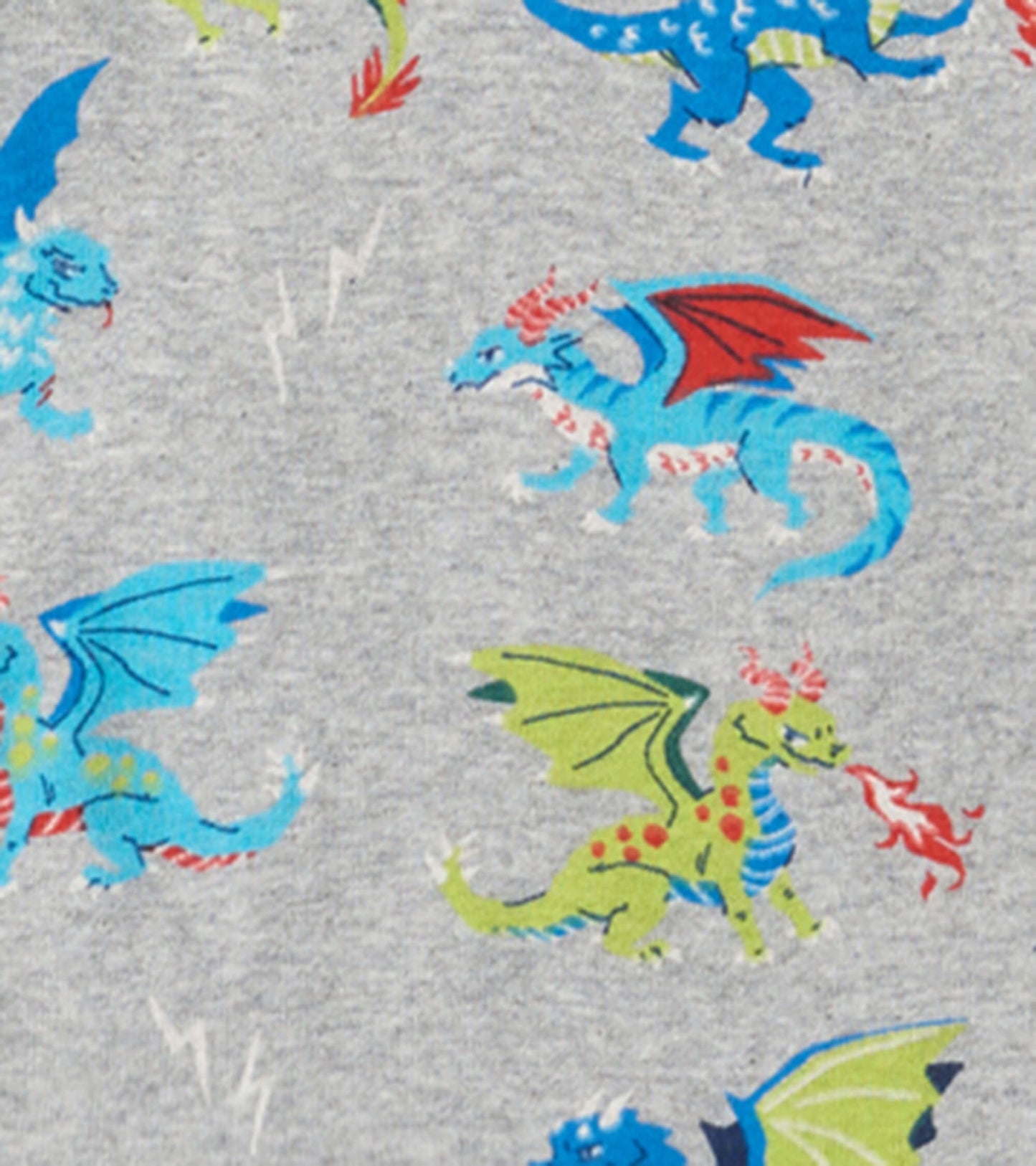 Gray organic cotton pajama set featuring colorful dragon patterns in blue, green, and red.