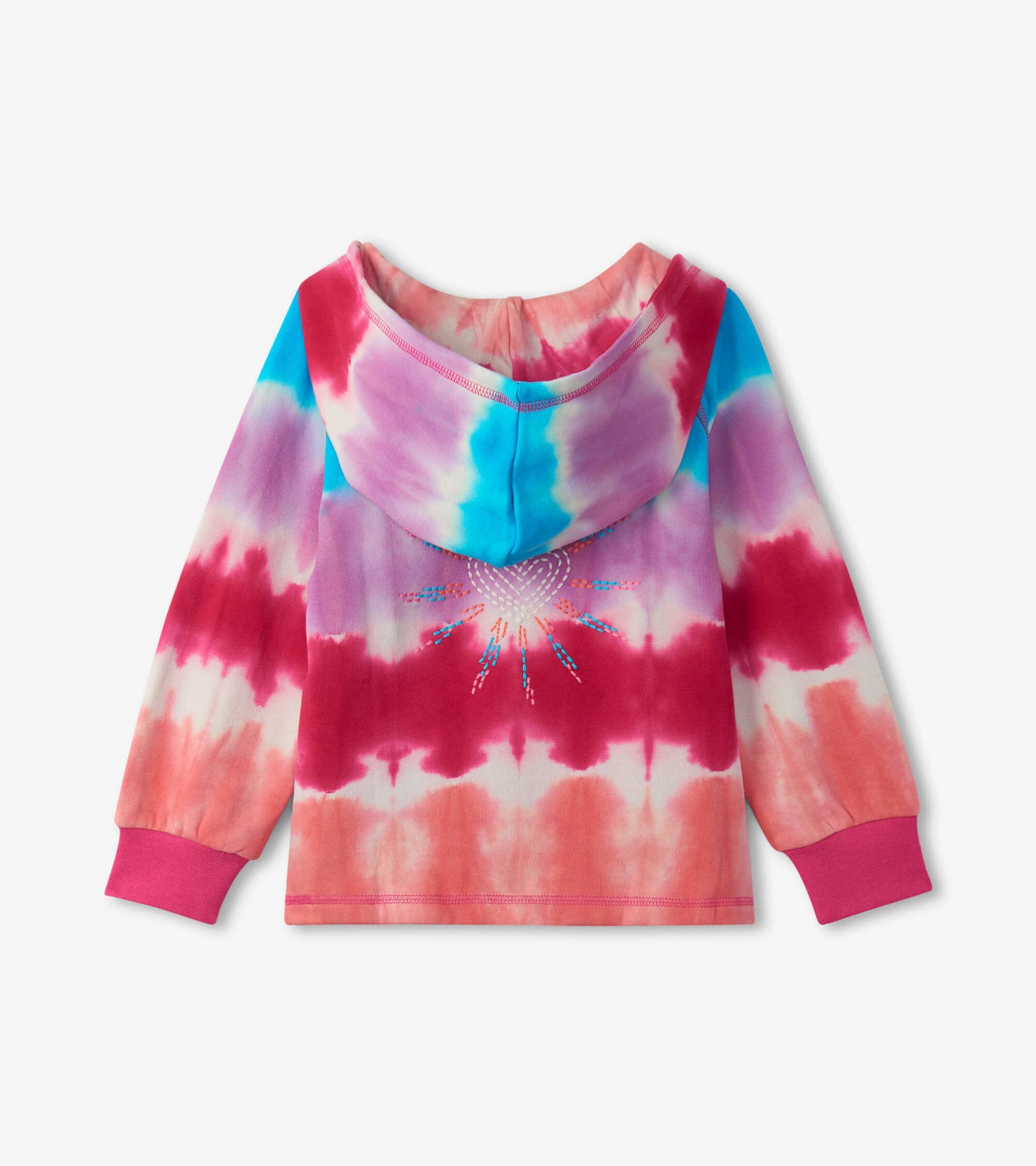 Colorful tie-dye hoodie featuring pink, blue, and purple patterns with a decorative design on the back.