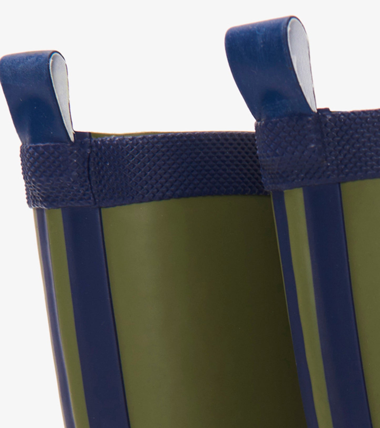 Forest green matte rain boots with navy accents and textured grip, designed for kids.