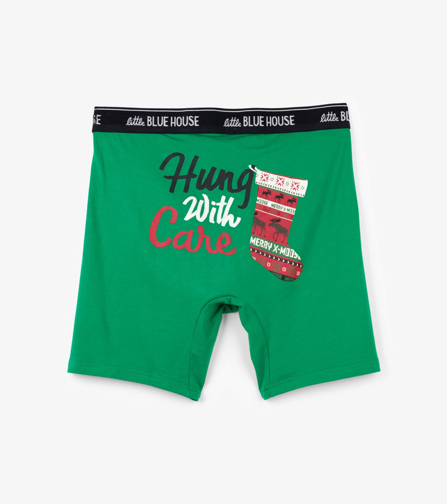 Green boxers featuring the text "Hung With Care" and a festive stocking graphic.