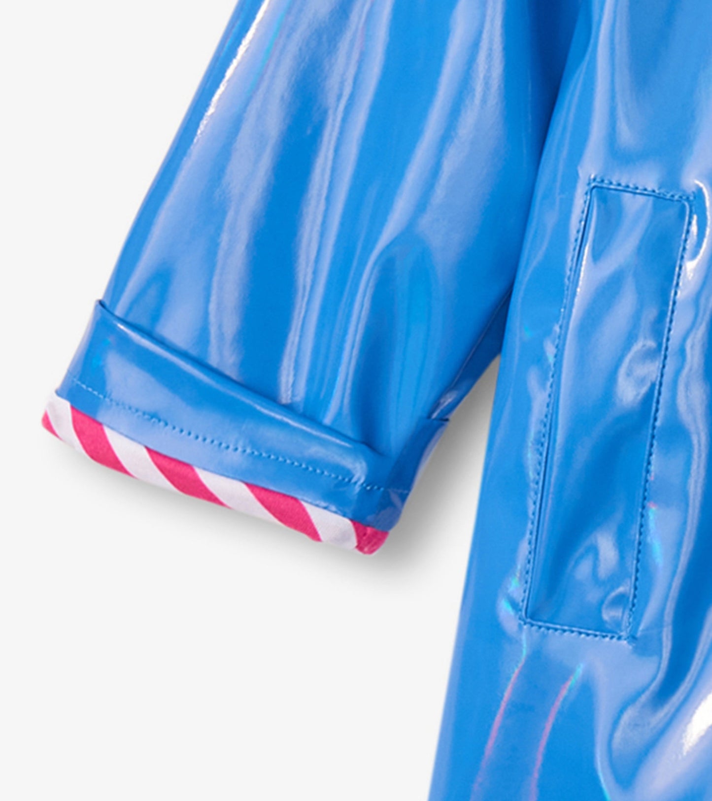 Shiny blue swing jacket with glitter, featuring striped pink and white cuffs.