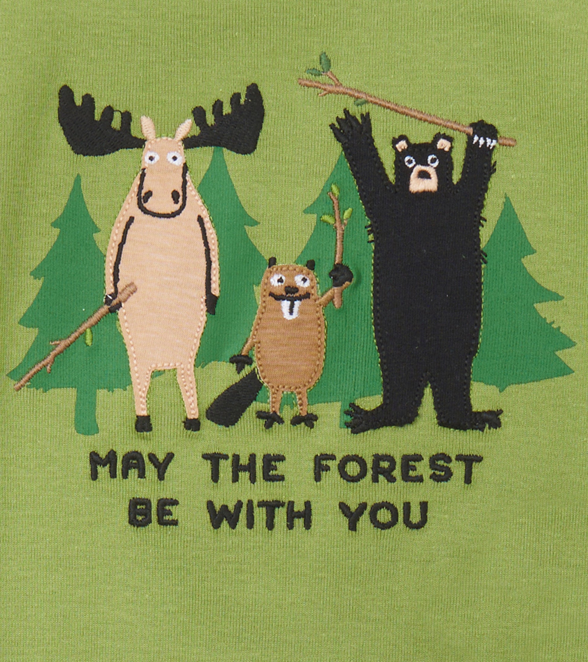 Green pajama set featuring playful animal designs: a moose, beaver, and bear among trees with text below.