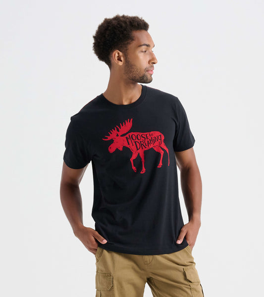 Black men's t-shirt featuring a red moose graphic and text design, suitable for casual wear.