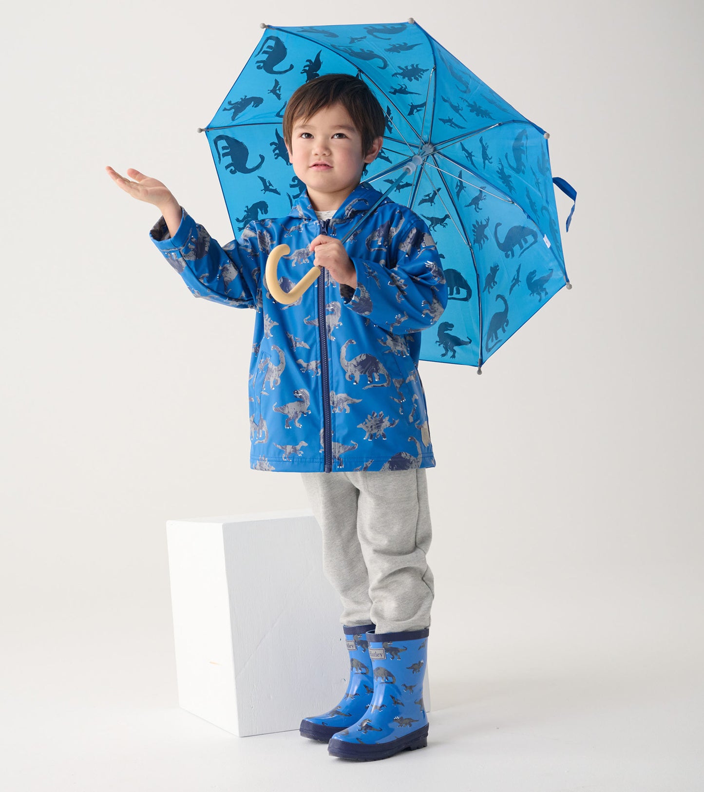 Blue dinosaur-patterned zip-up rain jacket worn by a child holding a matching umbrella, paired with gray pants and blue boot…