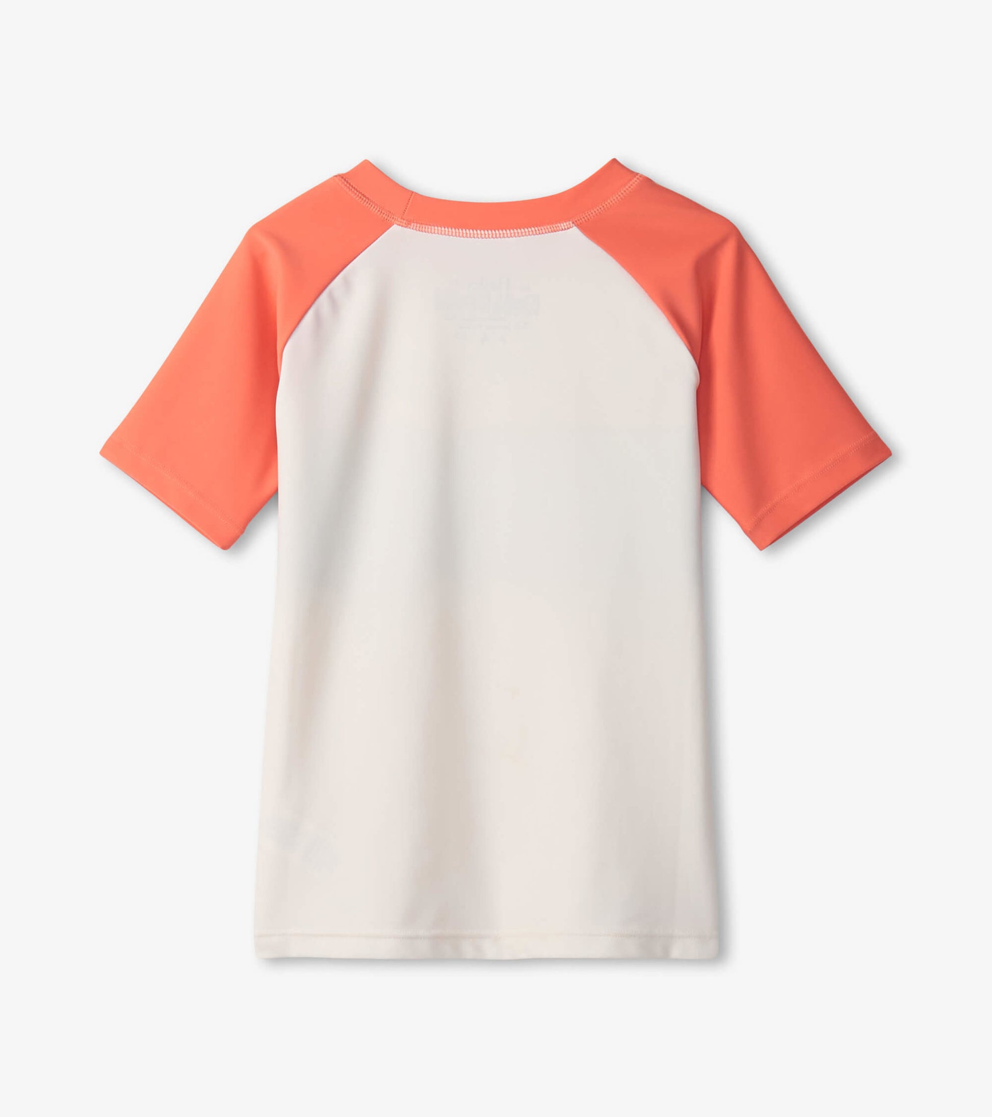 Short sleeve rashguard featuring coral sleeves and a white body, designed for boys' beach activities.