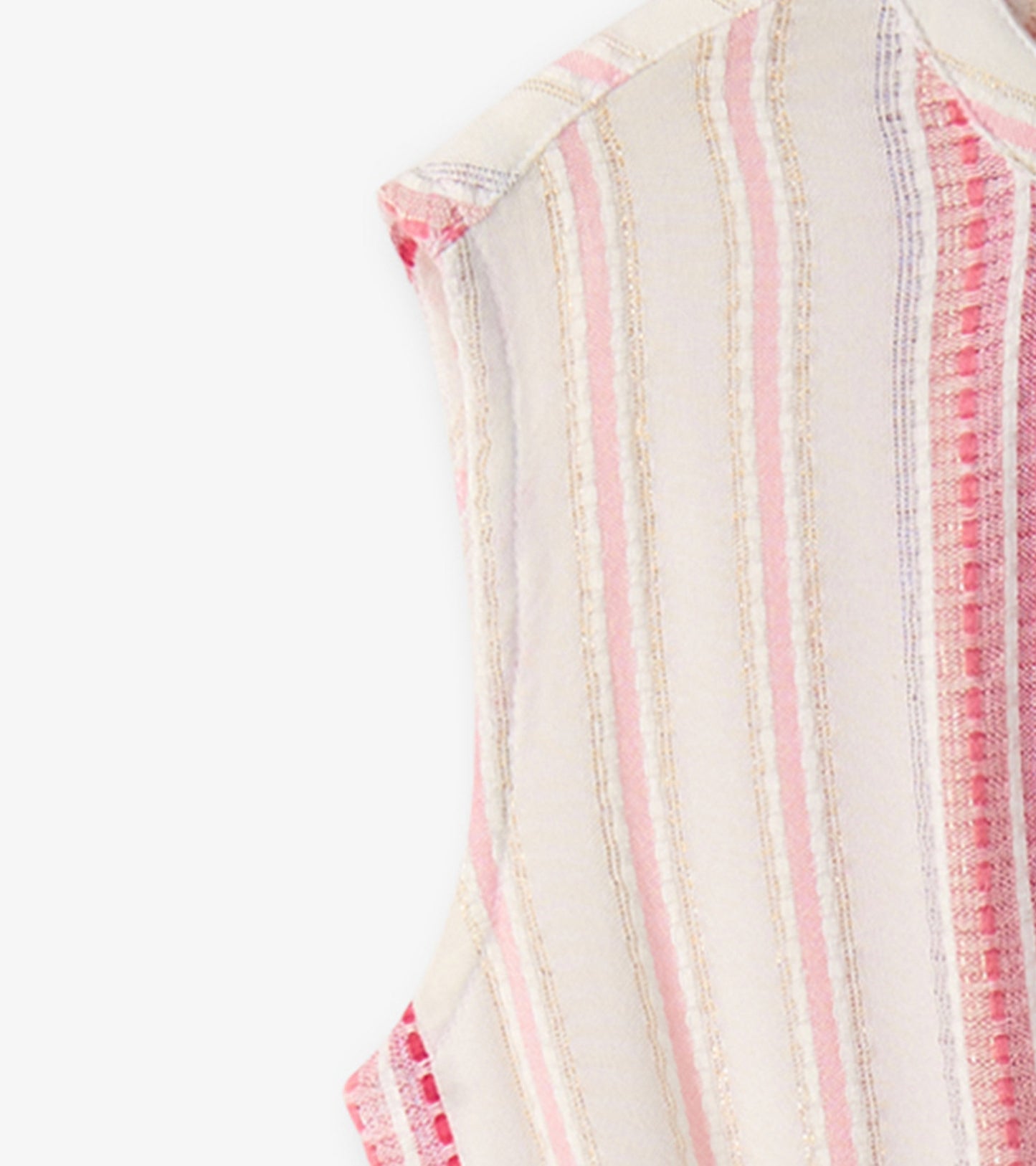 Light-colored dress with pink and gold stripes, featuring a smocked waist and sleeveless design.