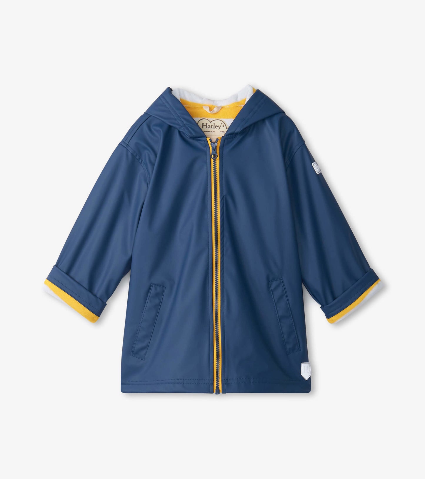 Navy zip-up rain jacket for kids with a hood and yellow accents, featuring short sleeves and front pockets.