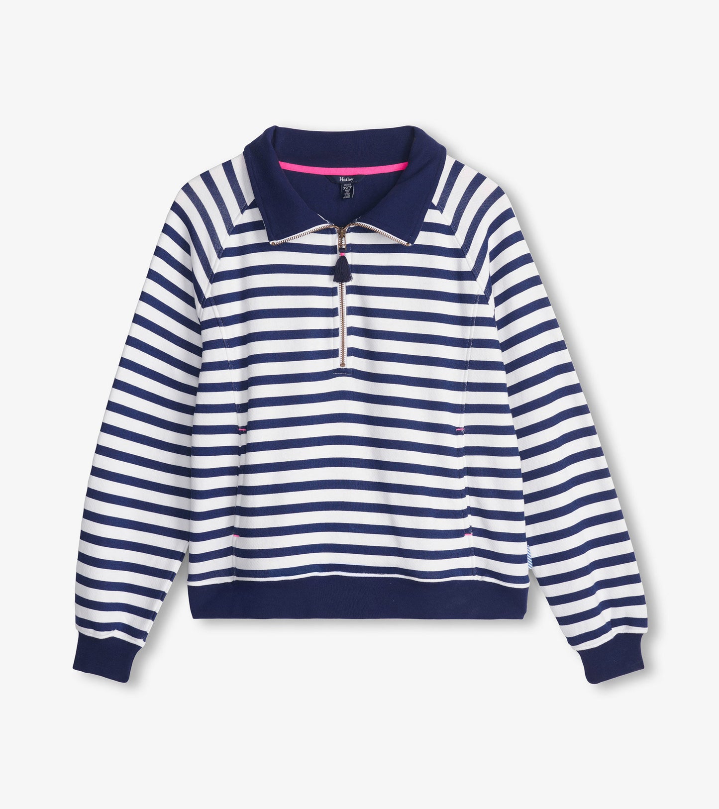 Mock neck pullover featuring navy and white maritime stripes, with a zip front and ribbed cuffs.