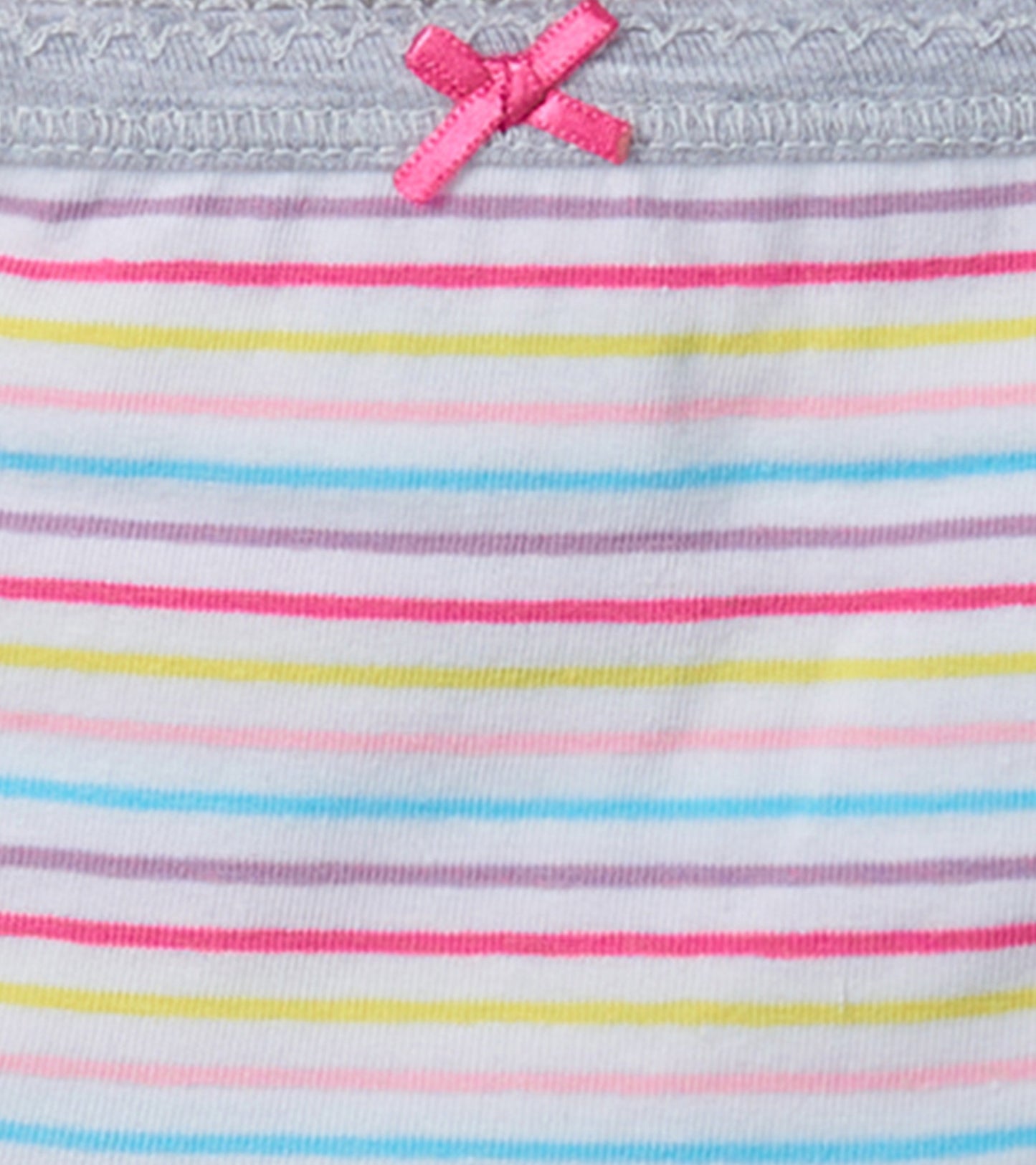 Vibrant striped hipster underwear in pastel colors with a pink bow detail on a soft fabric waistband.
