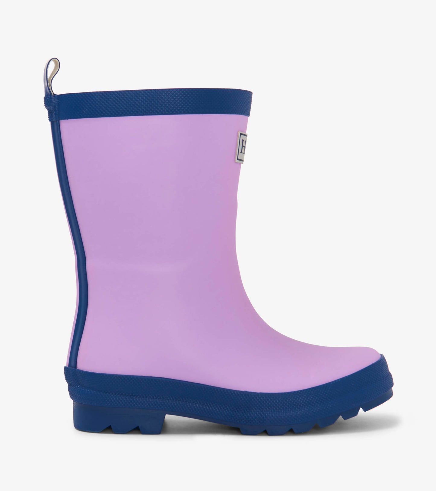 Lilac and navy matte rain boots with a textured sole and pull tab, designed for kids.