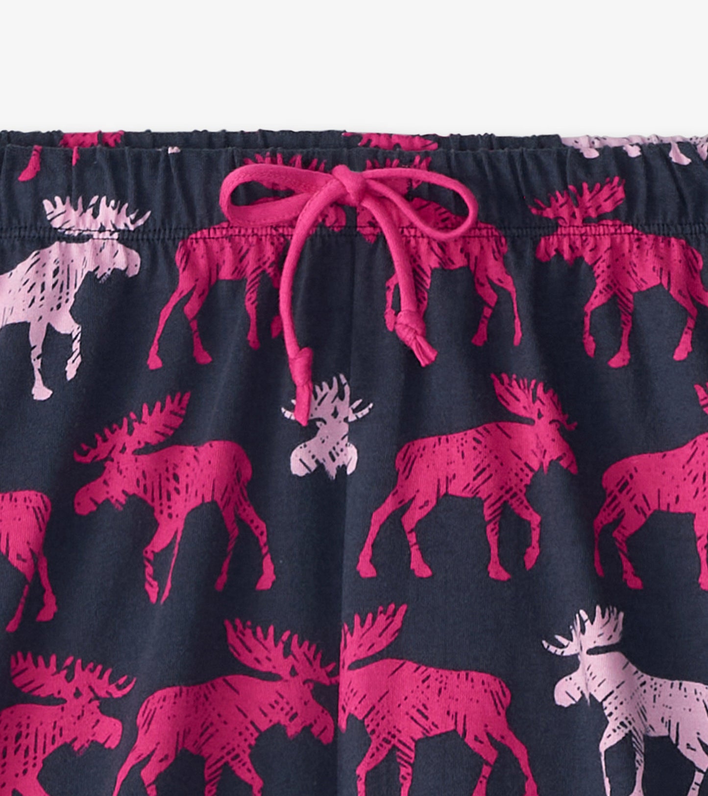 Navy cotton sleep shorts featuring a playful moose pattern in pink and light pink, with an adjustable drawstring waist.