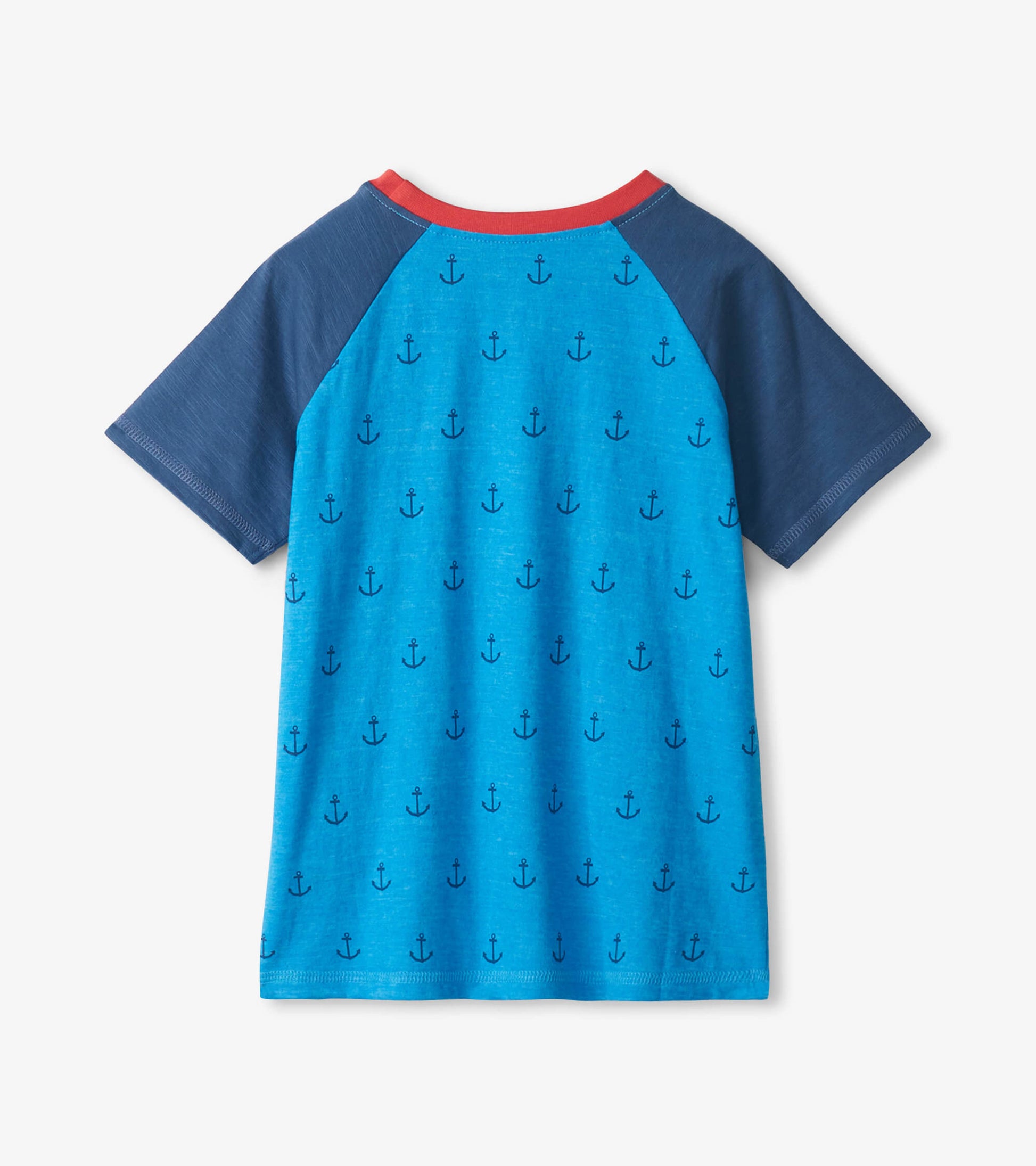 Blue raglan t-shirt with navy sleeves and red collar, featuring a pattern of small anchors on the back.