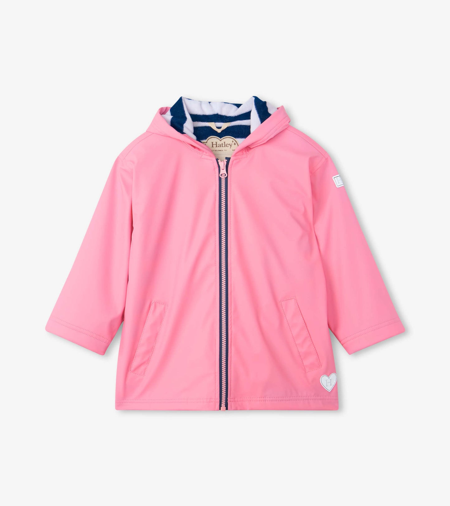Classic pink zip-up rain jacket with a hood, featuring side pockets and a striped inner lining.