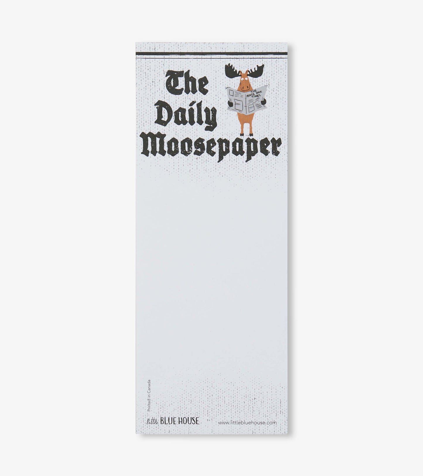 Magnetic notepad featuring a moose reading a newspaper, with a white background and black text. Ideal for making lists.
