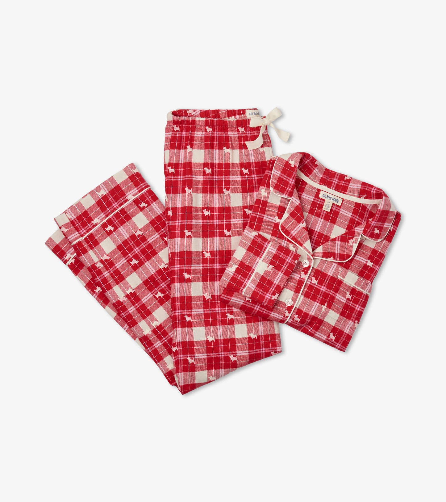 Red plaid flannel pajama set featuring a button-up top and matching pants with a dog pattern.