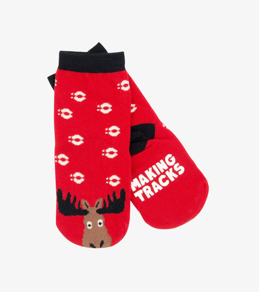 Red kids' socks featuring a moose design and paw prints, made from soft material, suitable for ages 2-7.