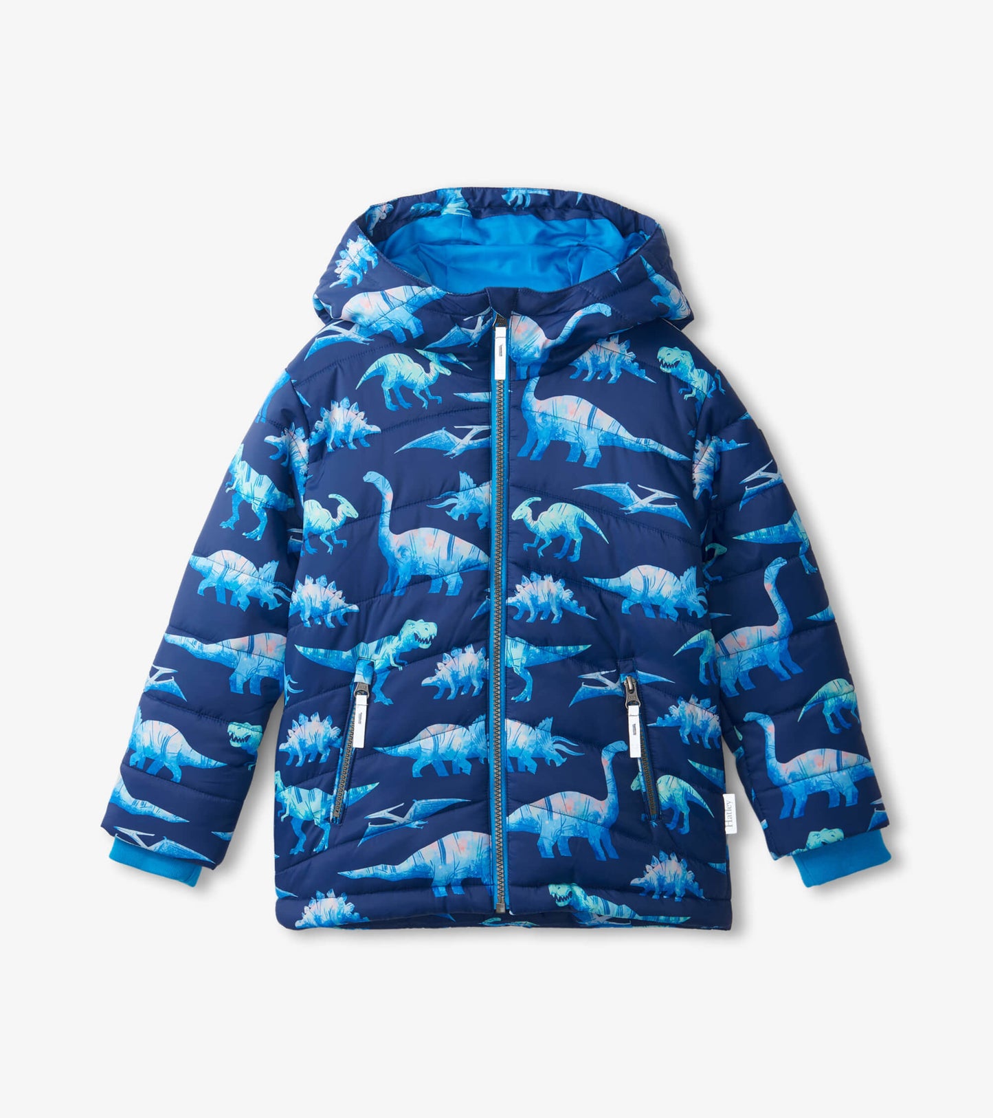 Navy puffer jacket featuring colorful dinosaur patterns, with a hood and zippered pockets. Suitable for kids.