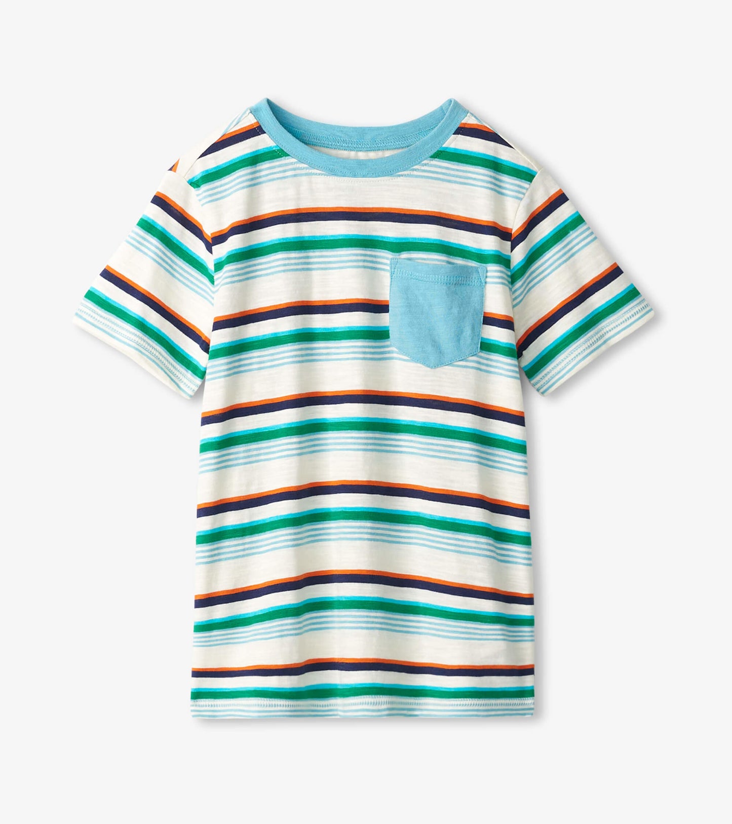 Striped short-sleeve tee in white, green, blue, orange, and navy with a chest pocket. Ideal for outdoor activities.