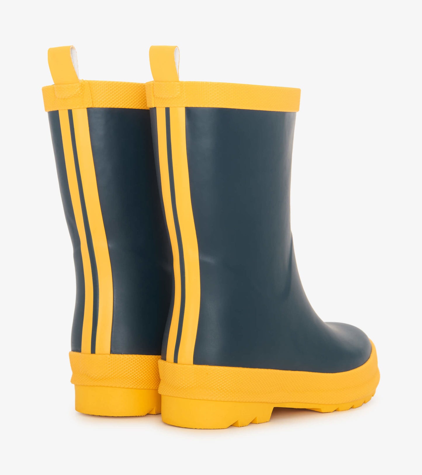 Navy and yellow matte rain boots with a textured sole and striped design, suitable for kids.