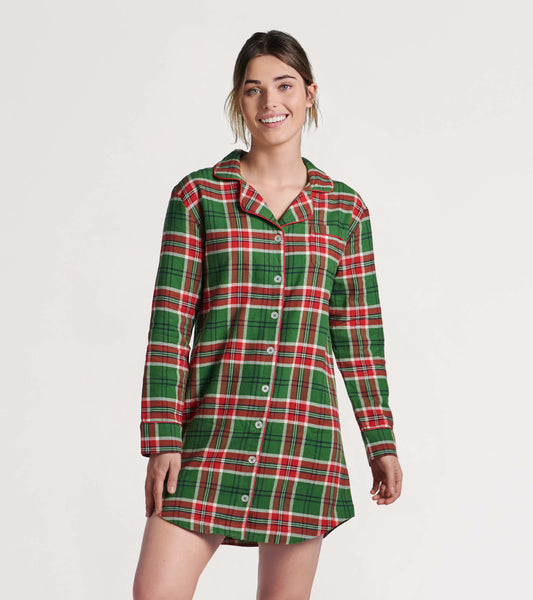 Green and red plaid flannel nightgown with long sleeves, button front, and collar, suitable for cozy winter wear.