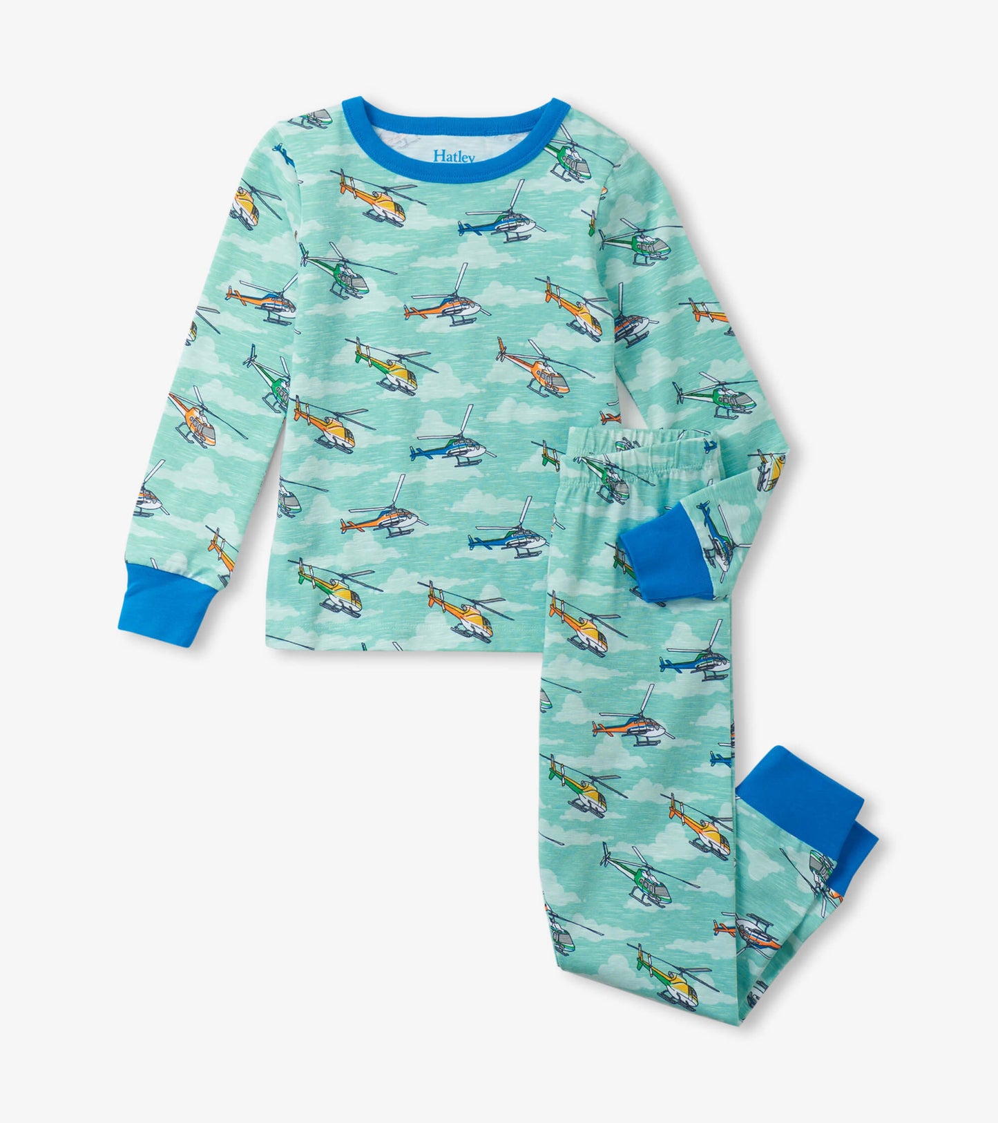 Light blue pajama set featuring colorful helicopter prints, with long sleeves and elastic waistband pants.