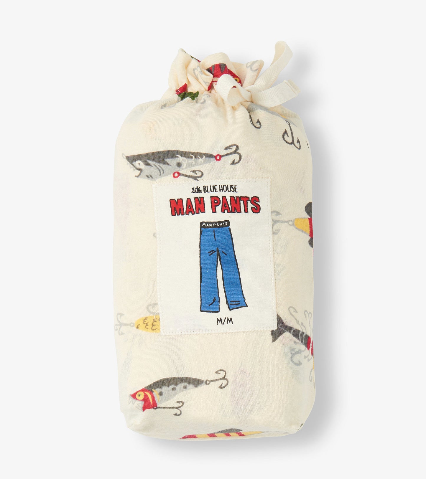 Cream-colored pants featuring a fishing lure pattern, packaged in a drawstring bag.