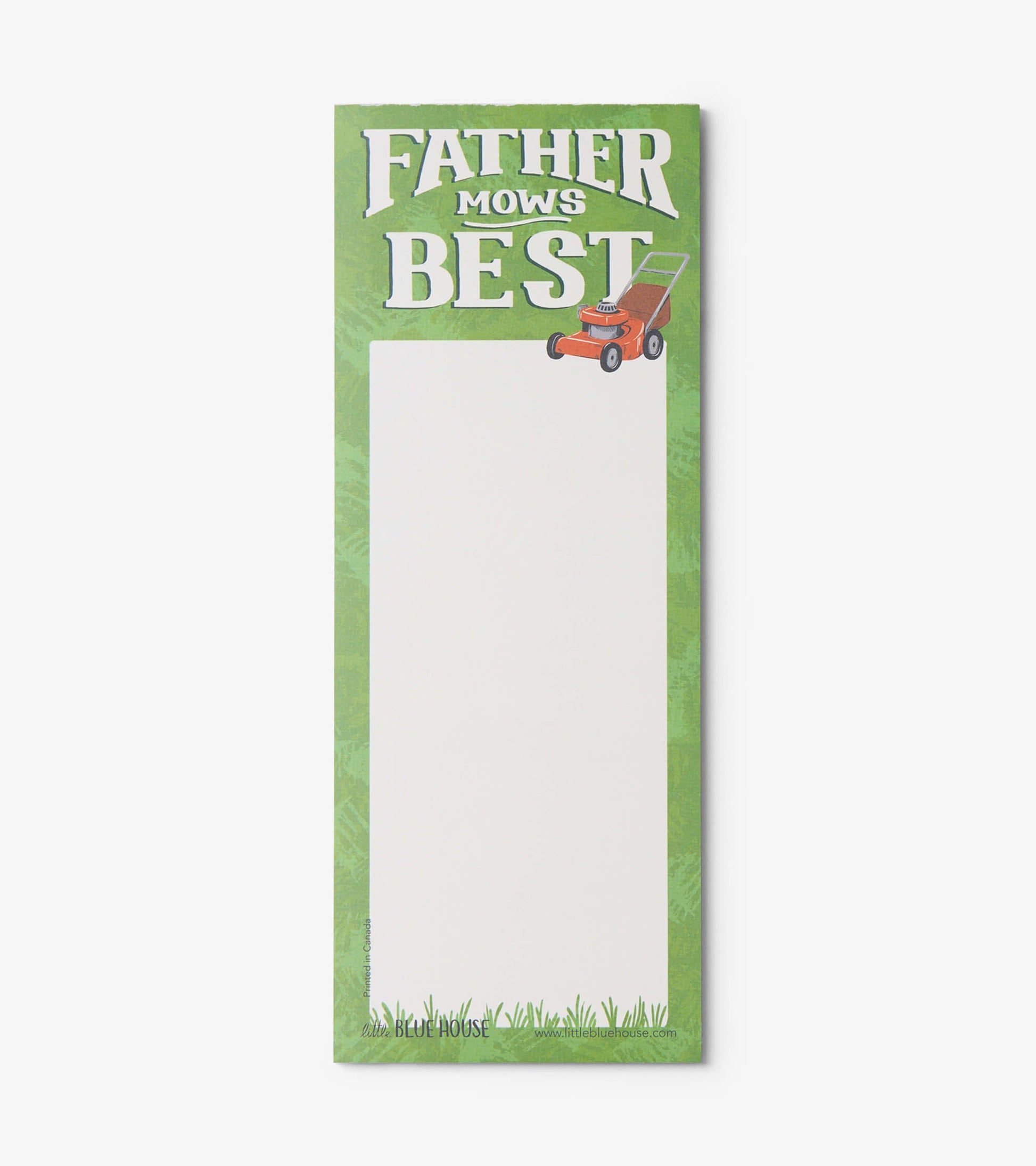 Magnetic notepad with a green background, featuring the text "Father Mows Best" and a lawnmower illustration.