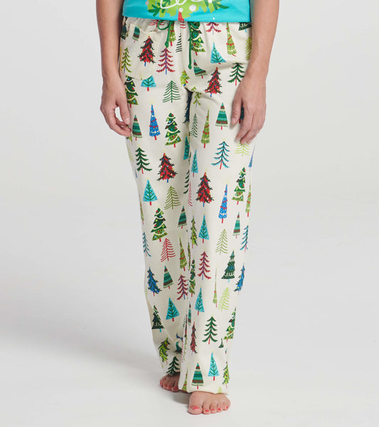 Cotton pajama pants featuring a festive tree pattern in various colors on a cream background.