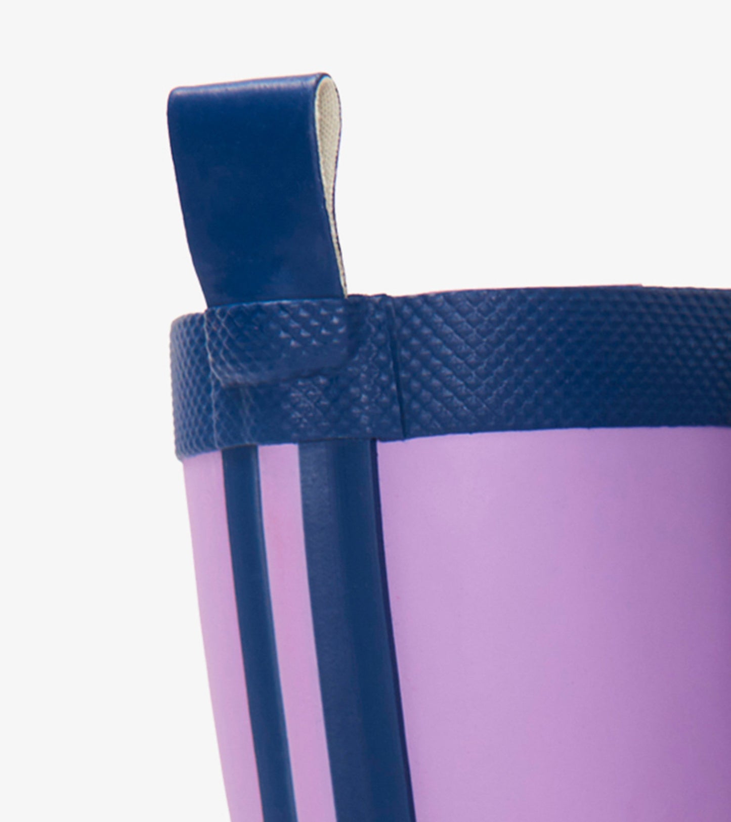 Lilac and navy matte rain boots with a textured navy top and pull tab, designed for kids.