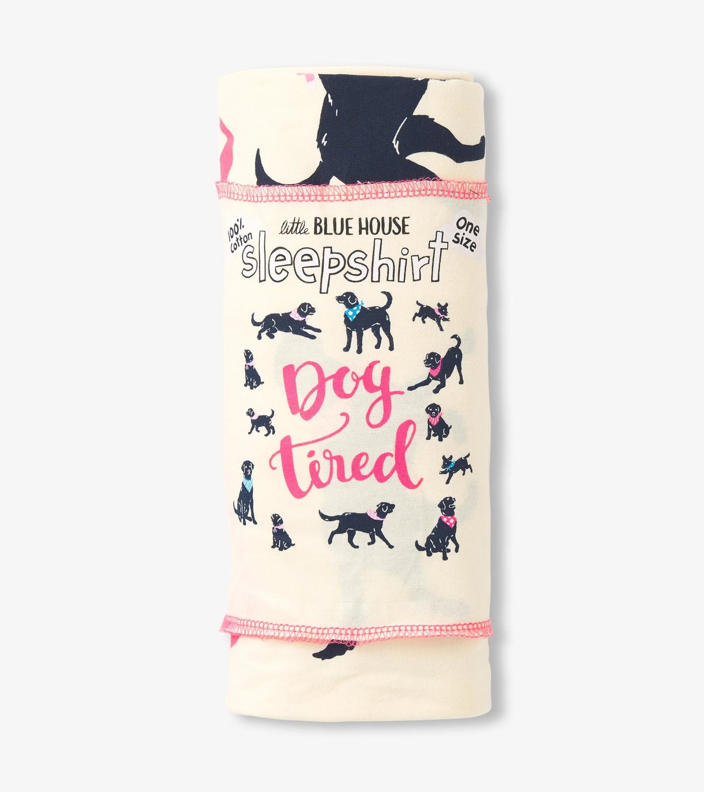 Cream sleepshirt featuring playful dog illustrations and "Dog tired" text, with pink trim and one-size fit.