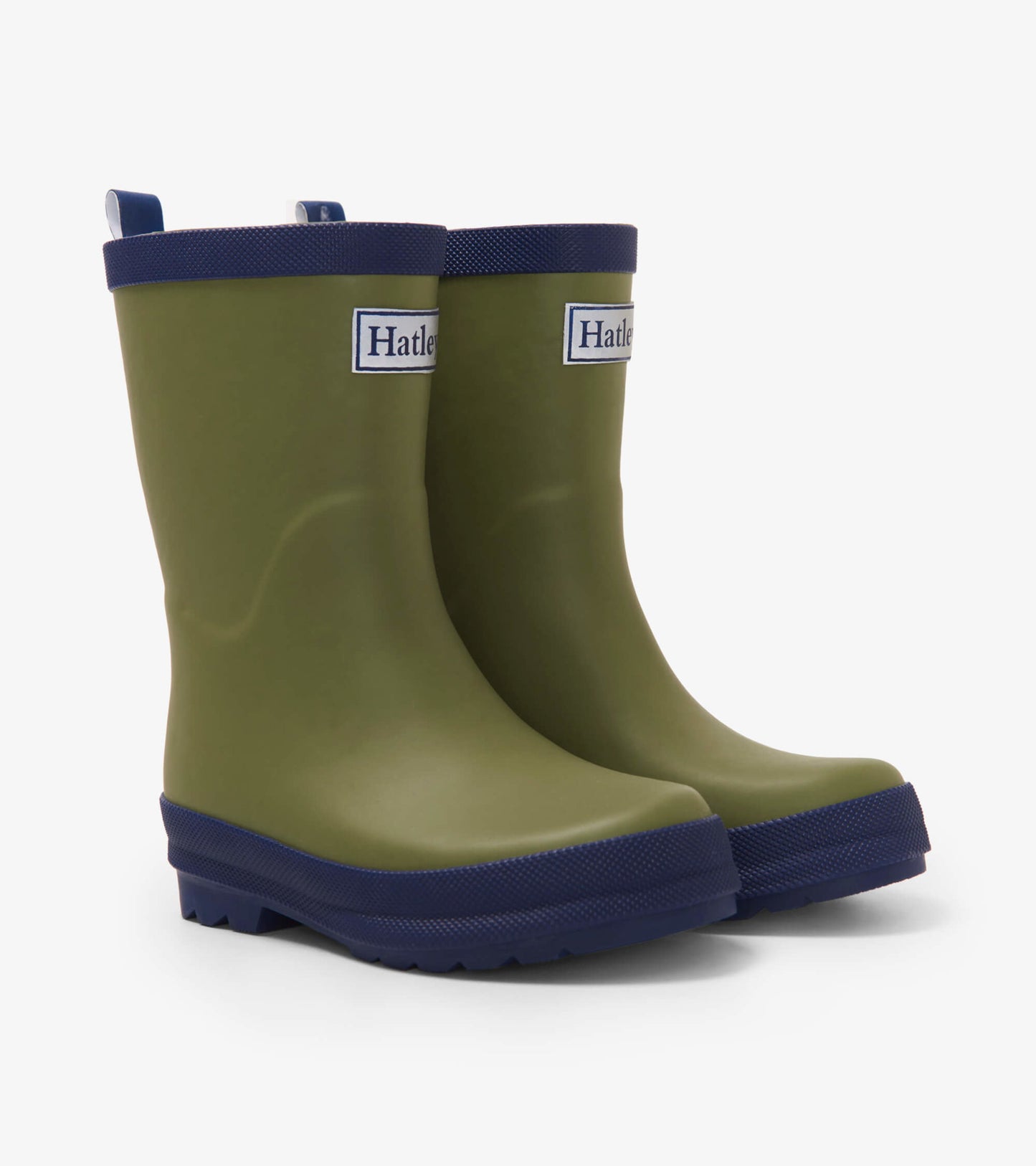 Forest green matte rain boots with a navy blue sole and trim, featuring a rounded toe and textured grip.