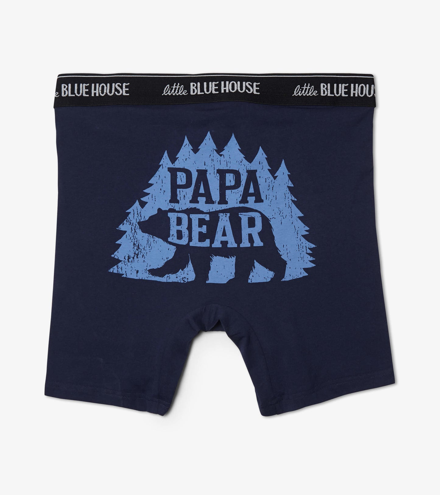 Navy blue boxer briefs featuring a light blue "PAPA BEAR" graphic with trees and a bear silhouette.