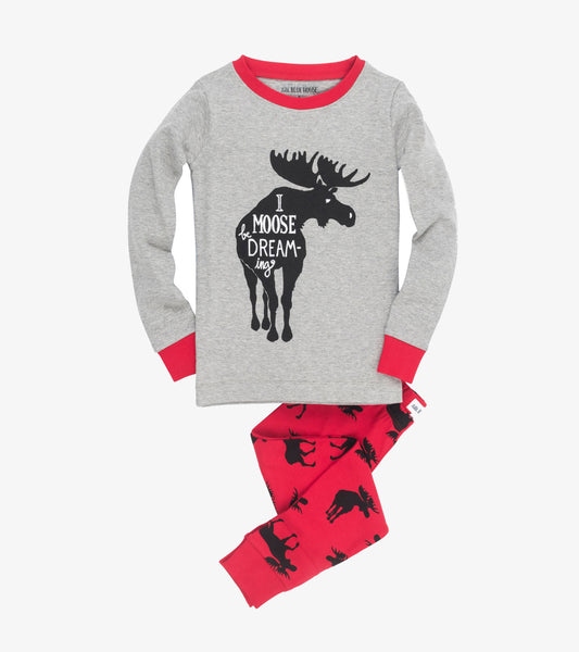 Gray long-sleeve top with red accents featuring a moose graphic, paired with red pants adorned with black moose prints.