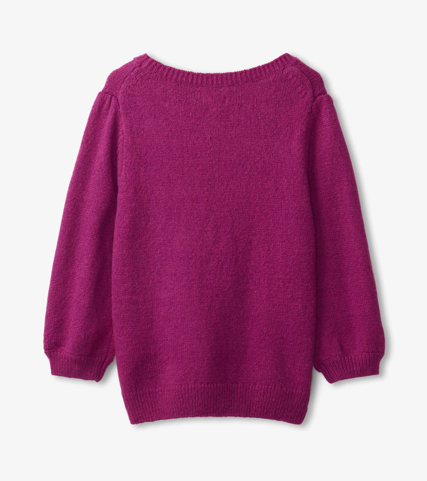 Fuchsia sweater with long sleeves and a round neckline, featuring a soft knit texture, shown from the back.