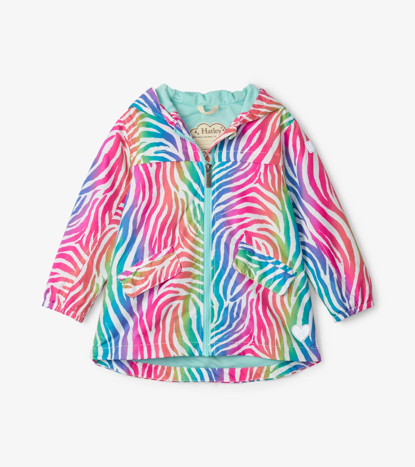 Colorful rainbow zebra print field jacket with a hood and front pockets. Lightweight material, ideal for kids.