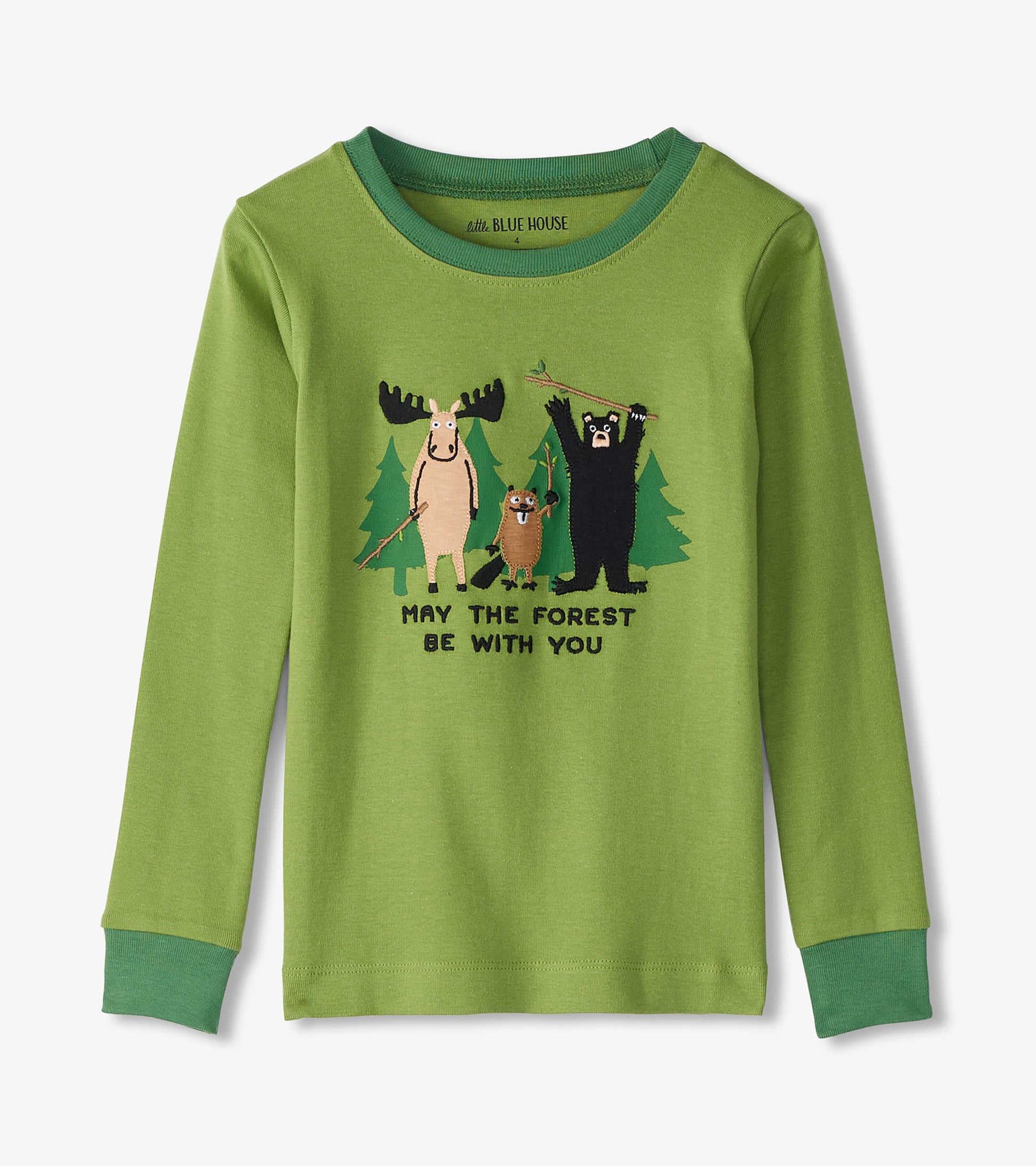 Green long-sleeve kids' pajama top featuring forest animals and a playful graphic design.