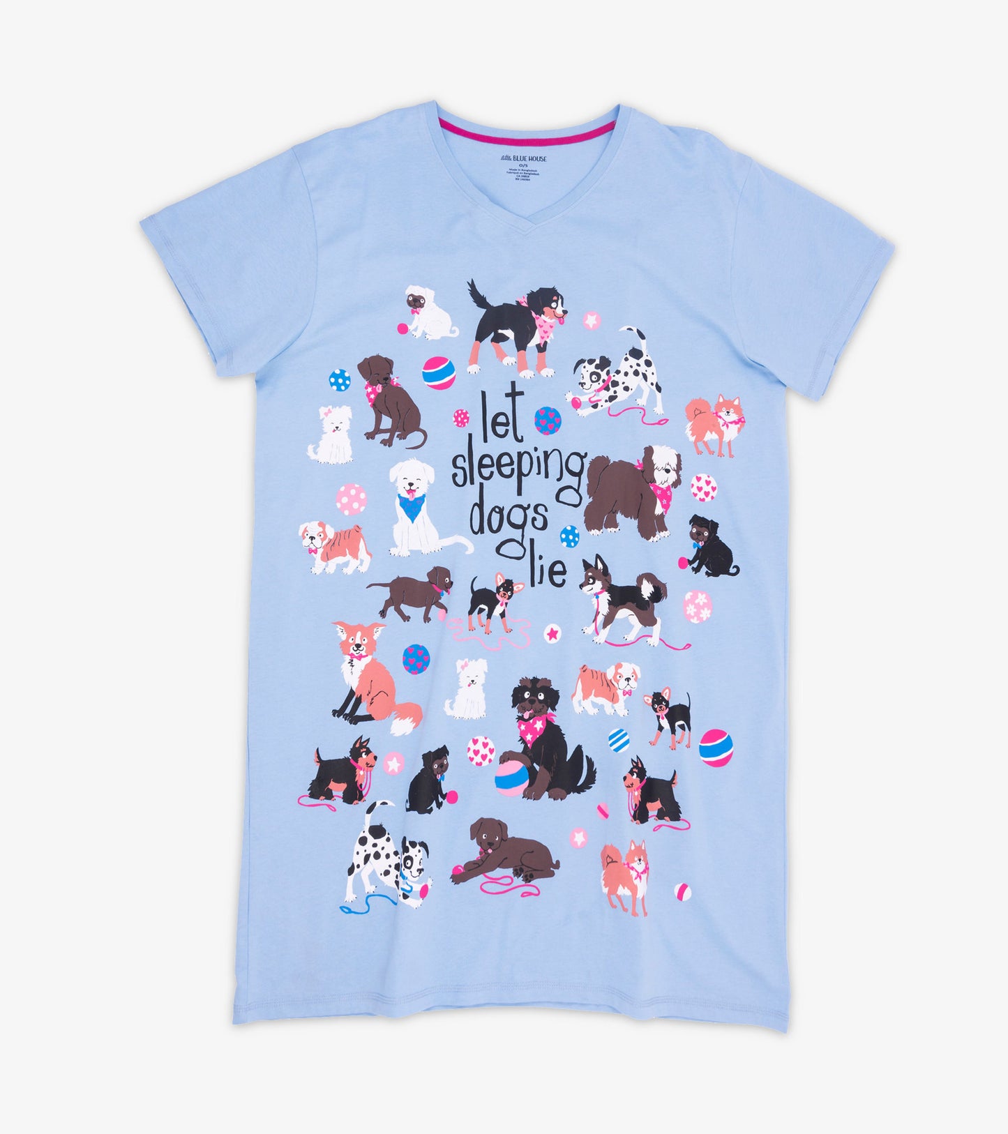Light blue sleepshirt featuring a playful dog print and the phrase "let sleeping dogs lie" in bold lettering.