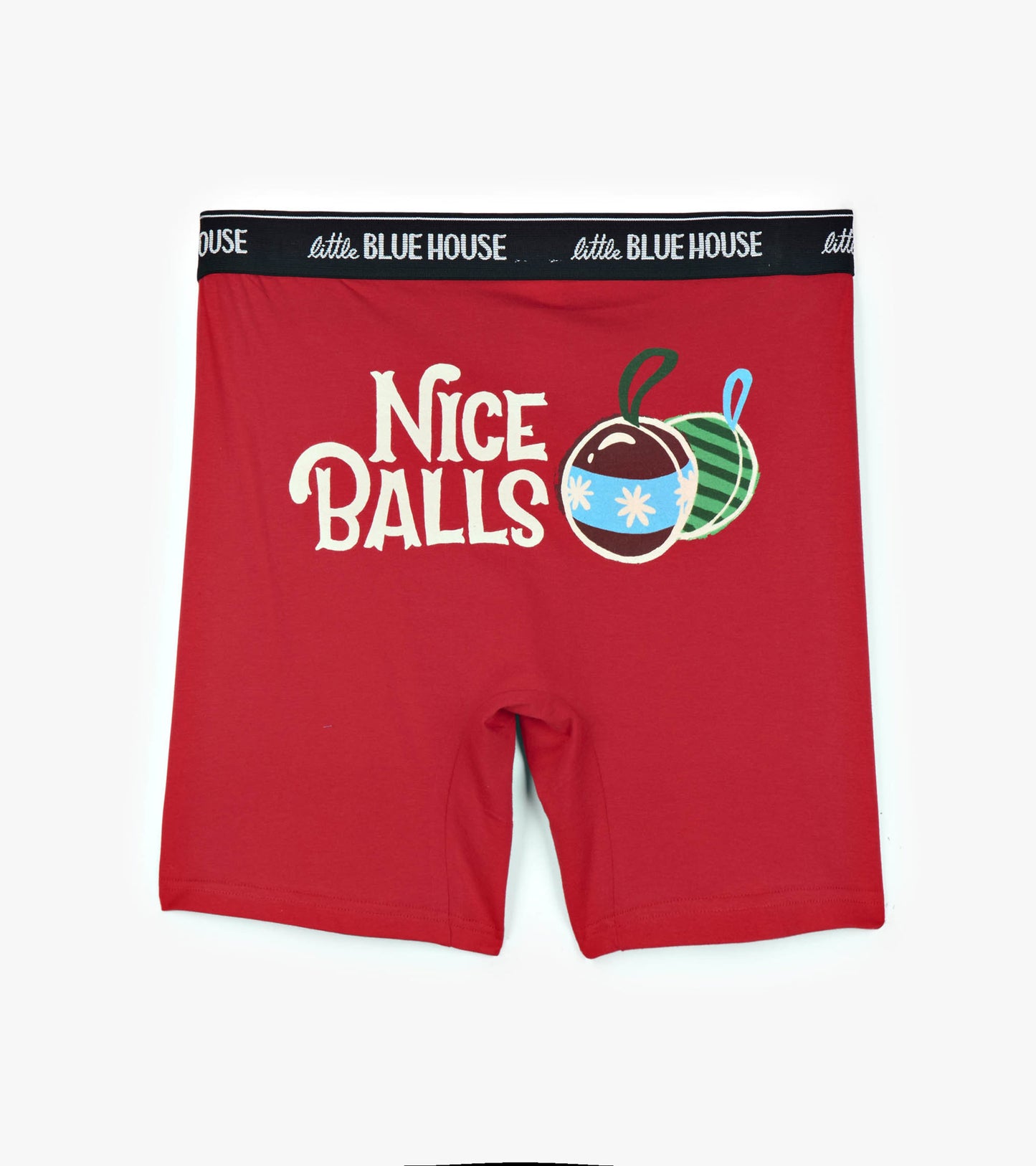 Red boxers featuring a playful "Nice Balls" graphic with holiday ornaments, made from soft cotton material.