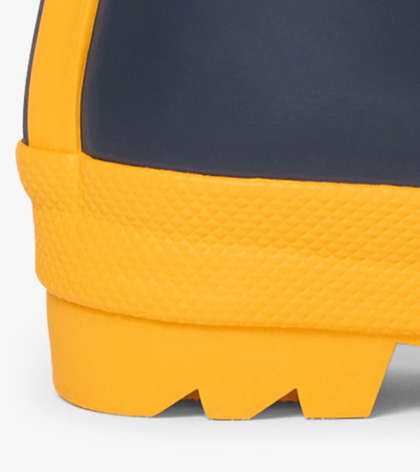 Navy and yellow matte rain boots with a textured sole, designed for kids, featuring a high-top style for water protection.