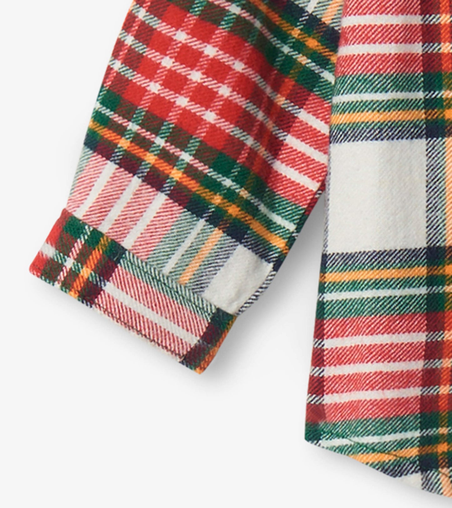 Red, green, and white plaid button-down shirt for babies, featuring long sleeves and a classic collar.