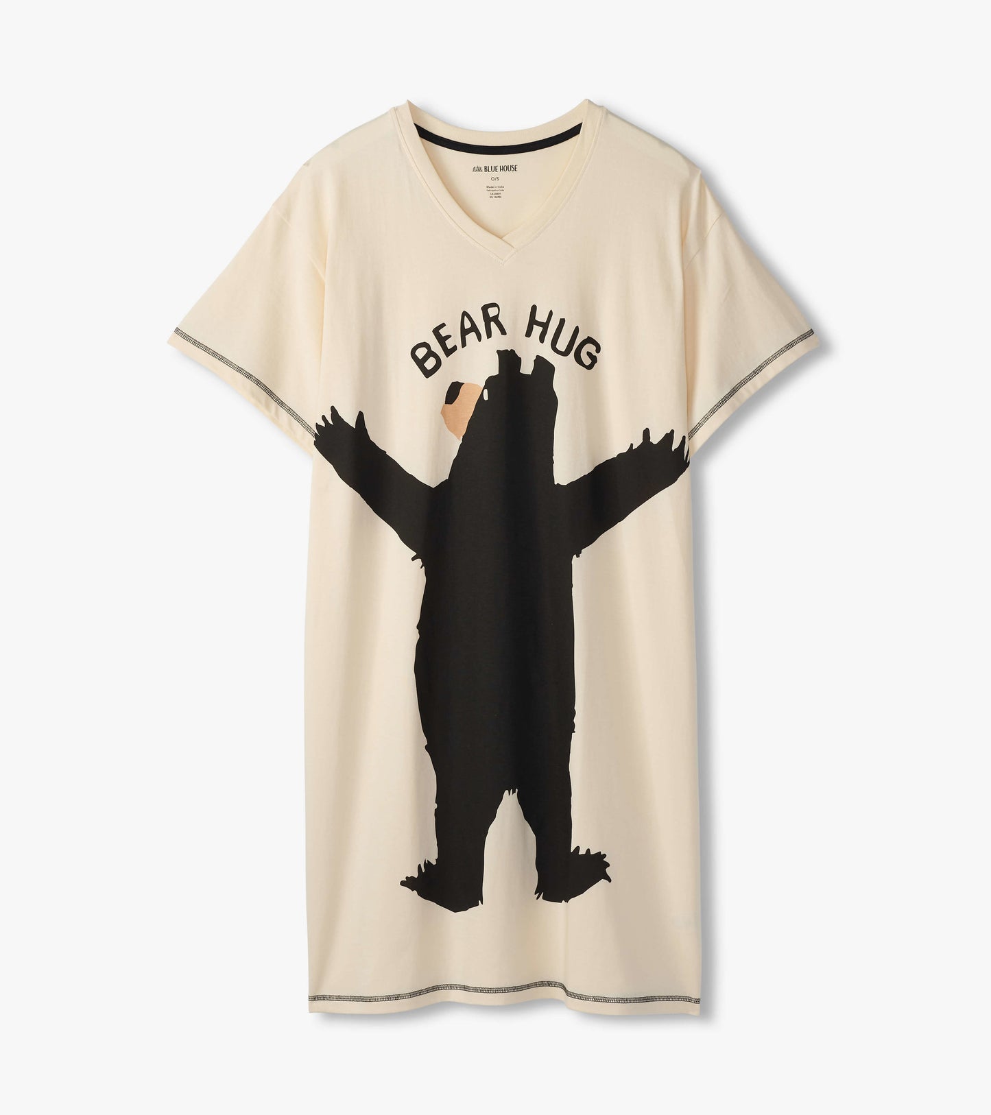 Cream-colored sleepshirt featuring a black bear graphic and "BEAR HUG" text, with a v-neck and short sleeves.