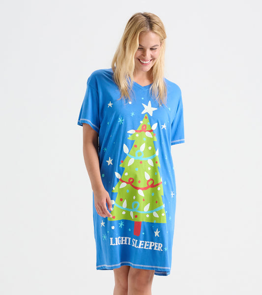 Blue short-sleeve sleepshirt featuring a green Christmas tree design with colorful ornaments and the text "LIGHT SLEEPER.
