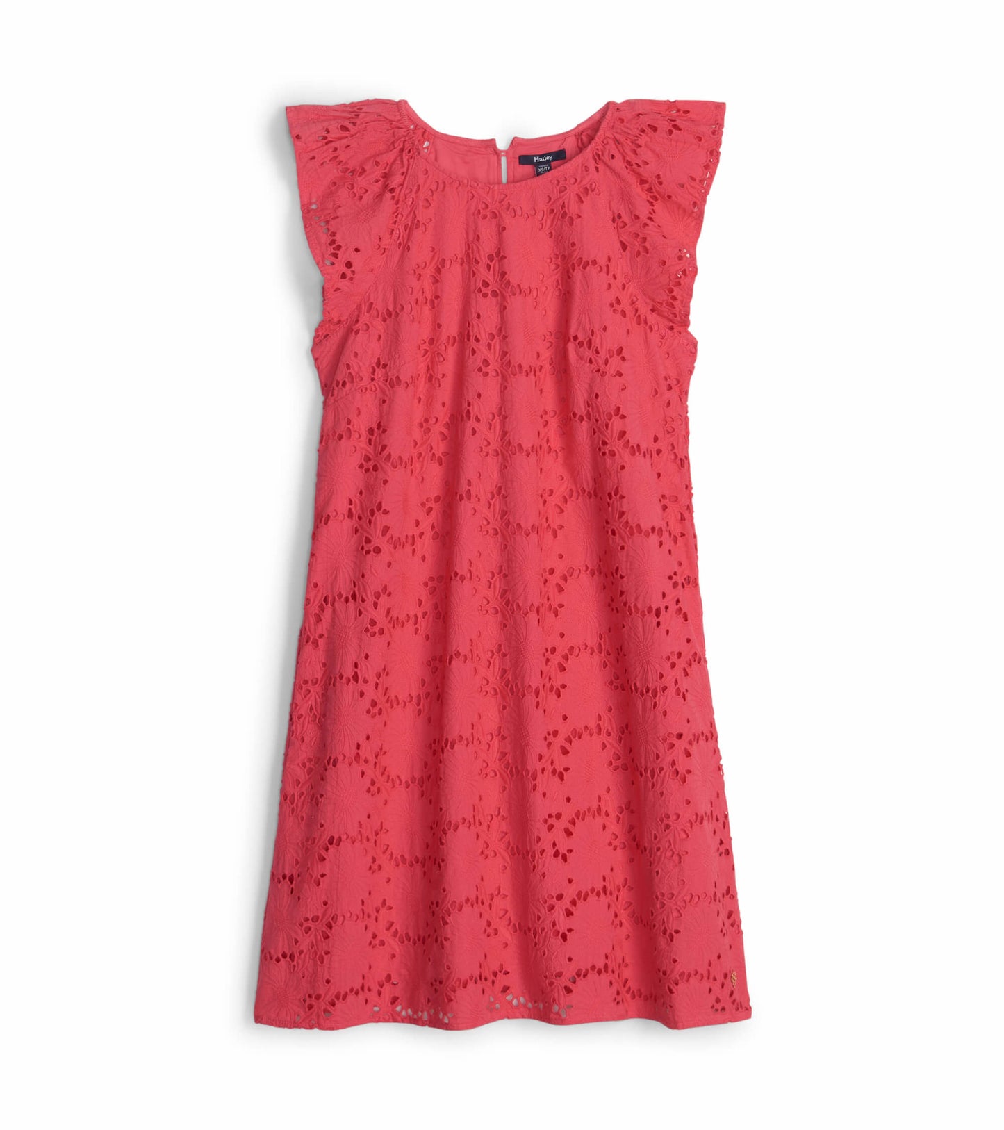 Rouge red eyelet dress with flutter sleeves and floral cutouts, featuring a round neckline and relaxed fit.