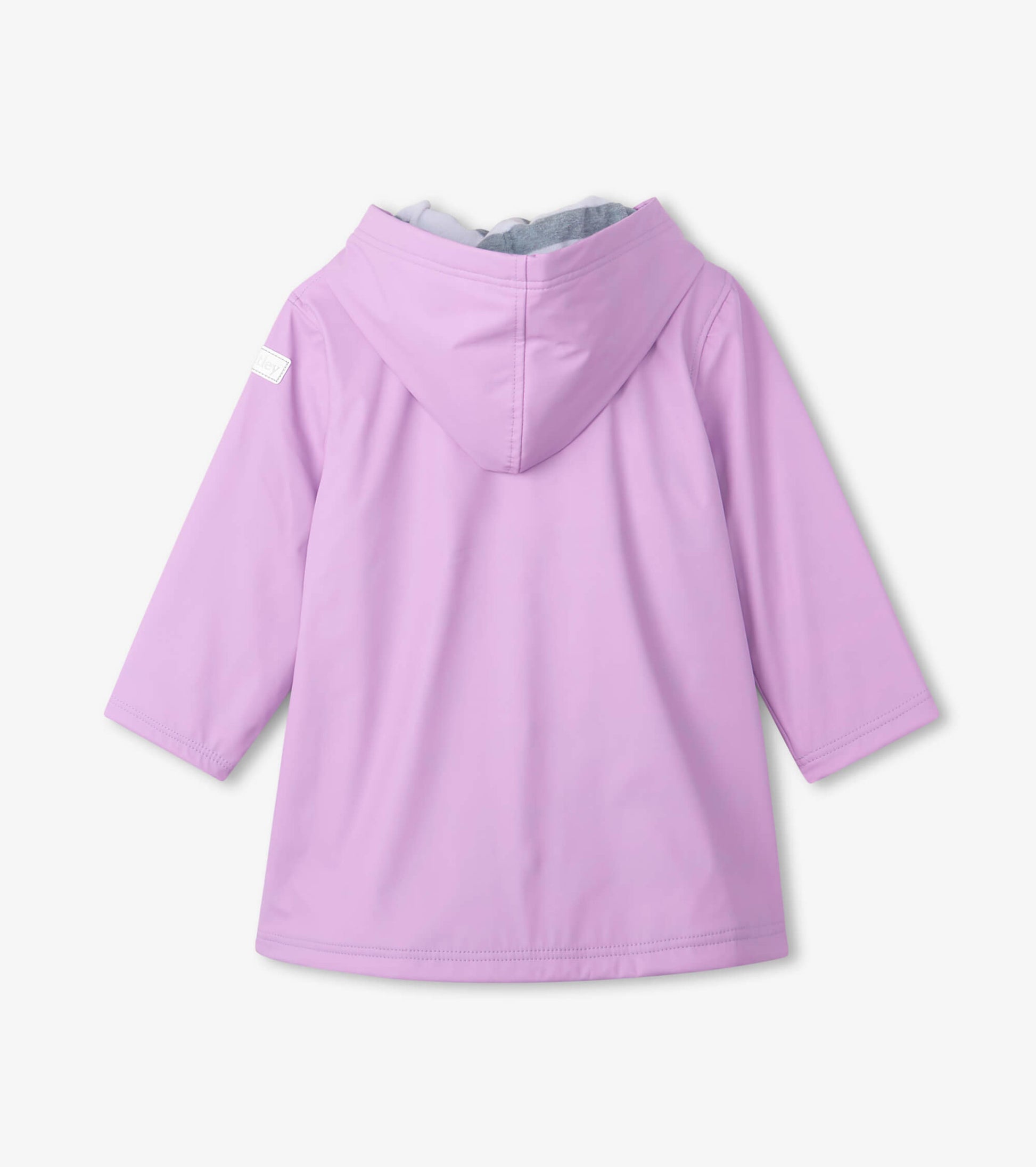 Lilac button-up rain jacket with a hood and long sleeves, featuring a smooth, water-resistant material.