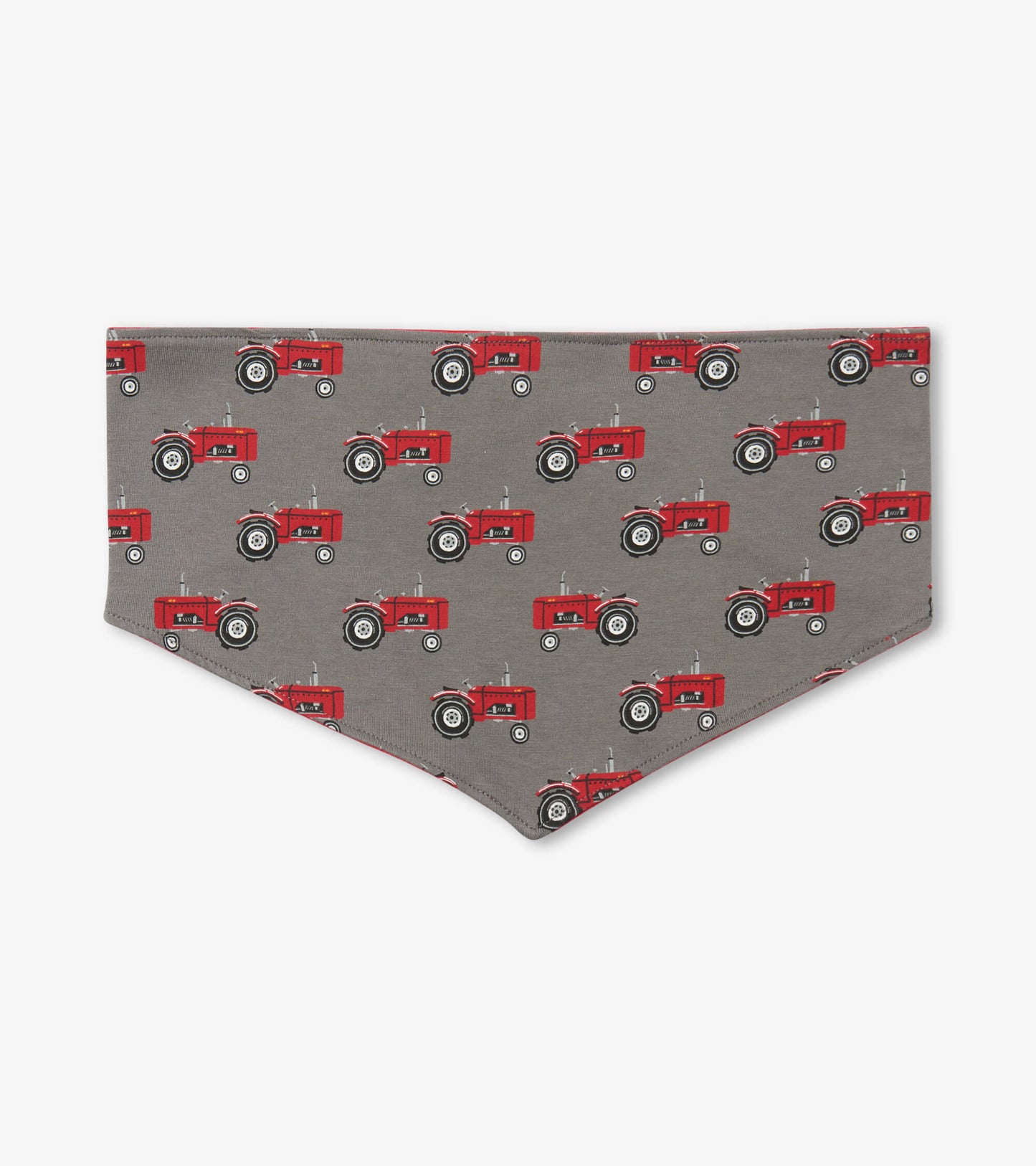 Gray dog bandana featuring a repeated pattern of red farm tractors, suitable for pets.