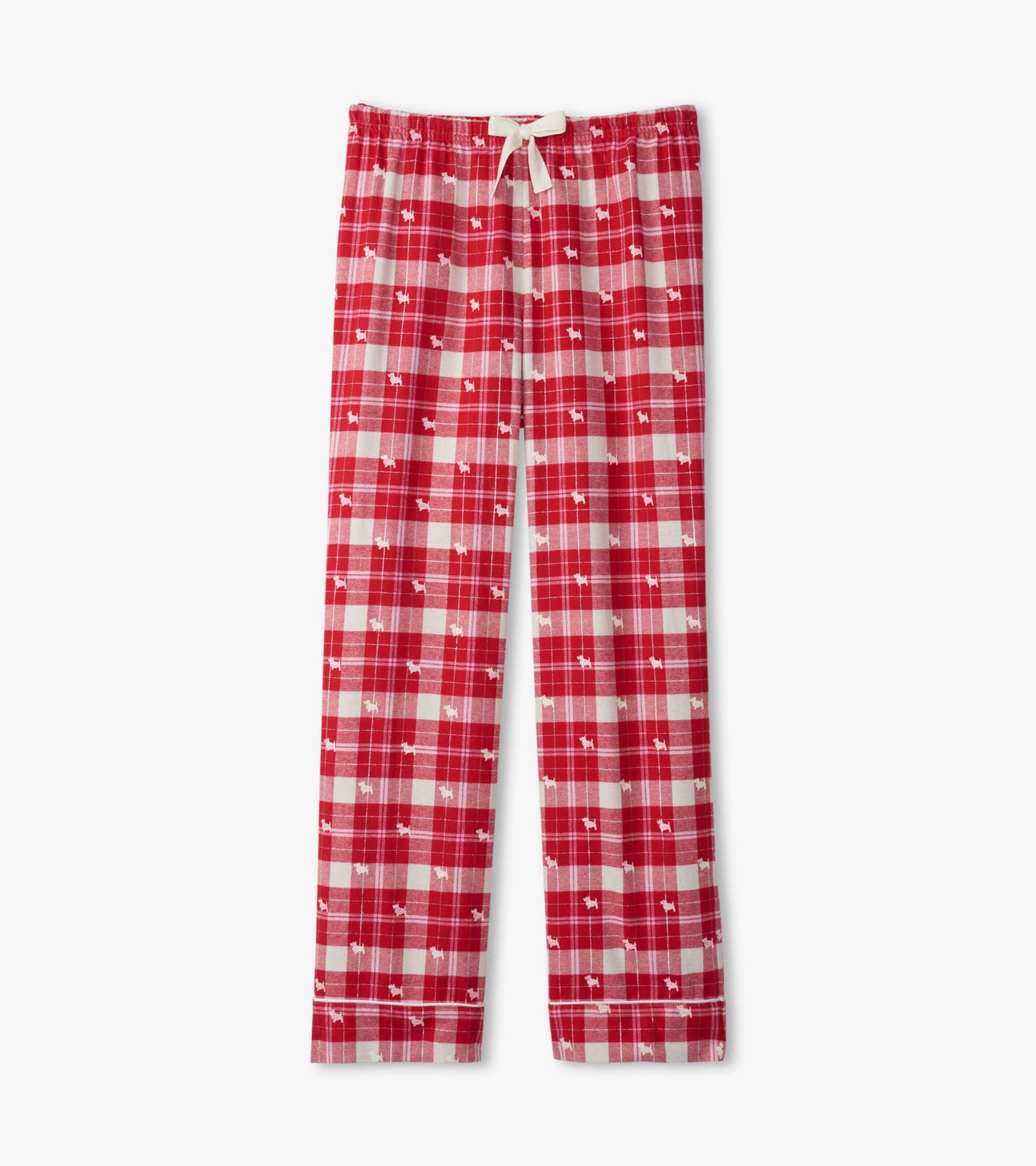 Red plaid flannel pajama pants with white dog silhouettes and a drawstring waistband.