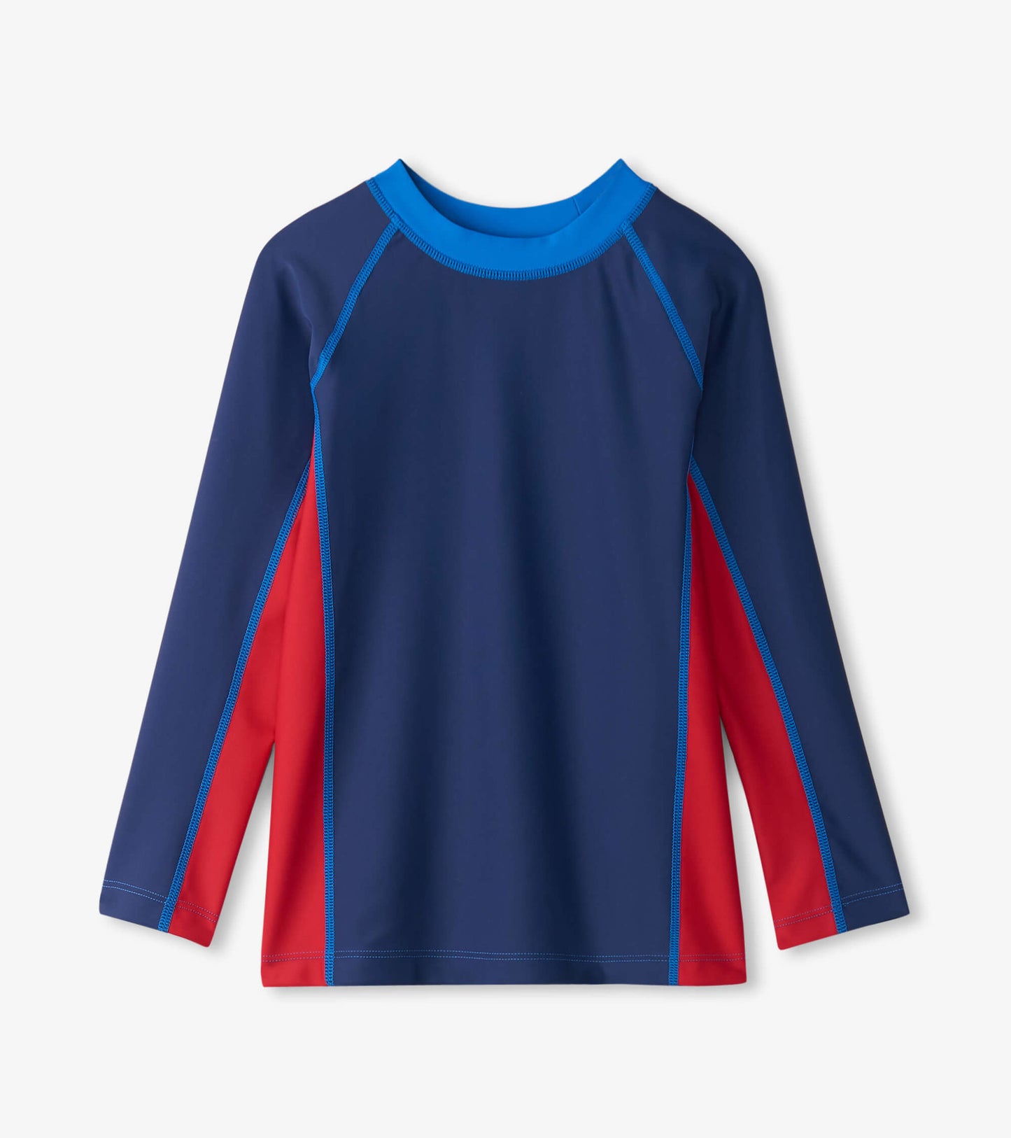 Nautical long sleeve rashguard featuring a colorblock design in navy, red, and blue, ideal for water activities.