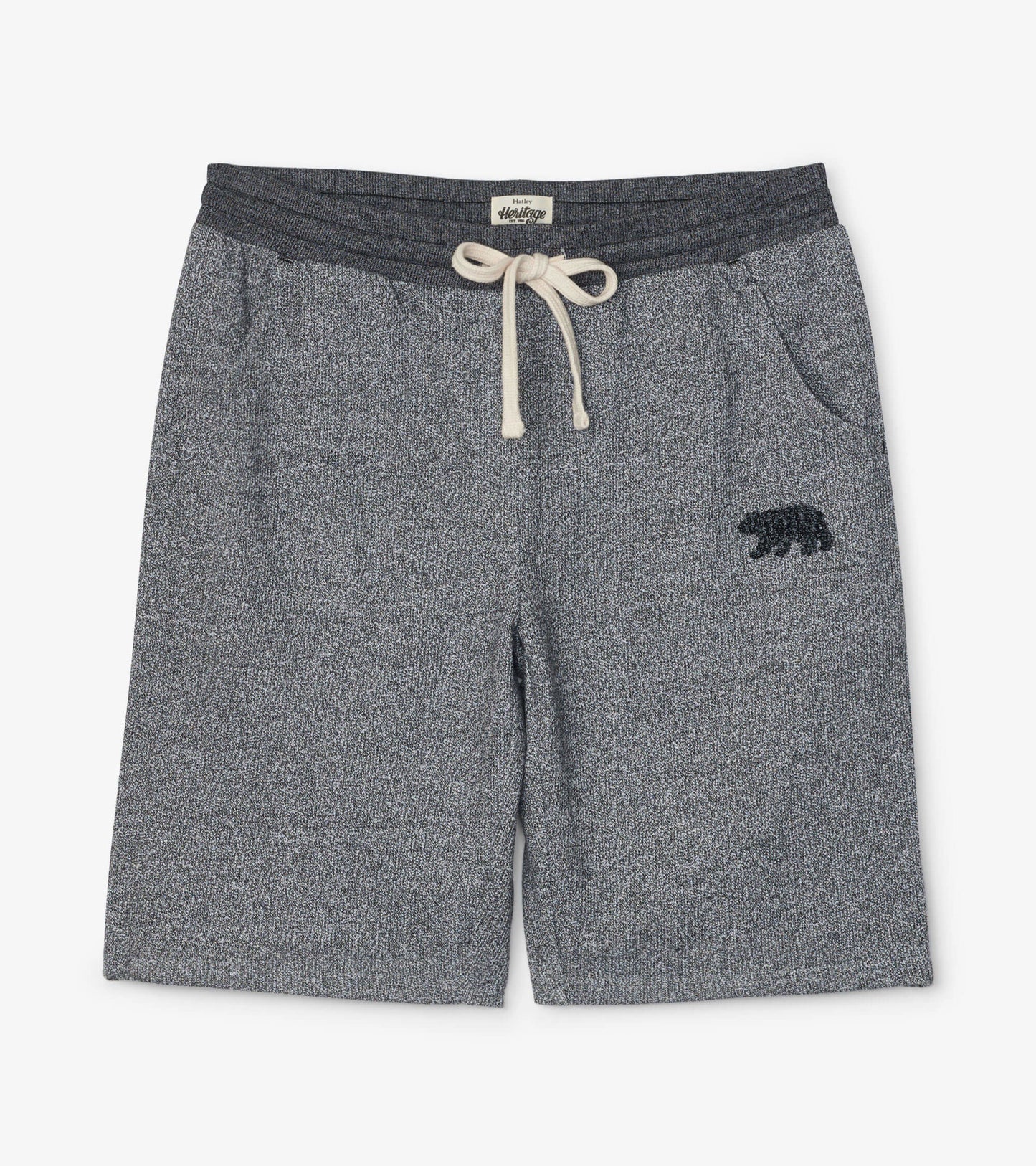 Marled grey shorts with a drawstring waist and bear embroidery, suitable for casual wear.